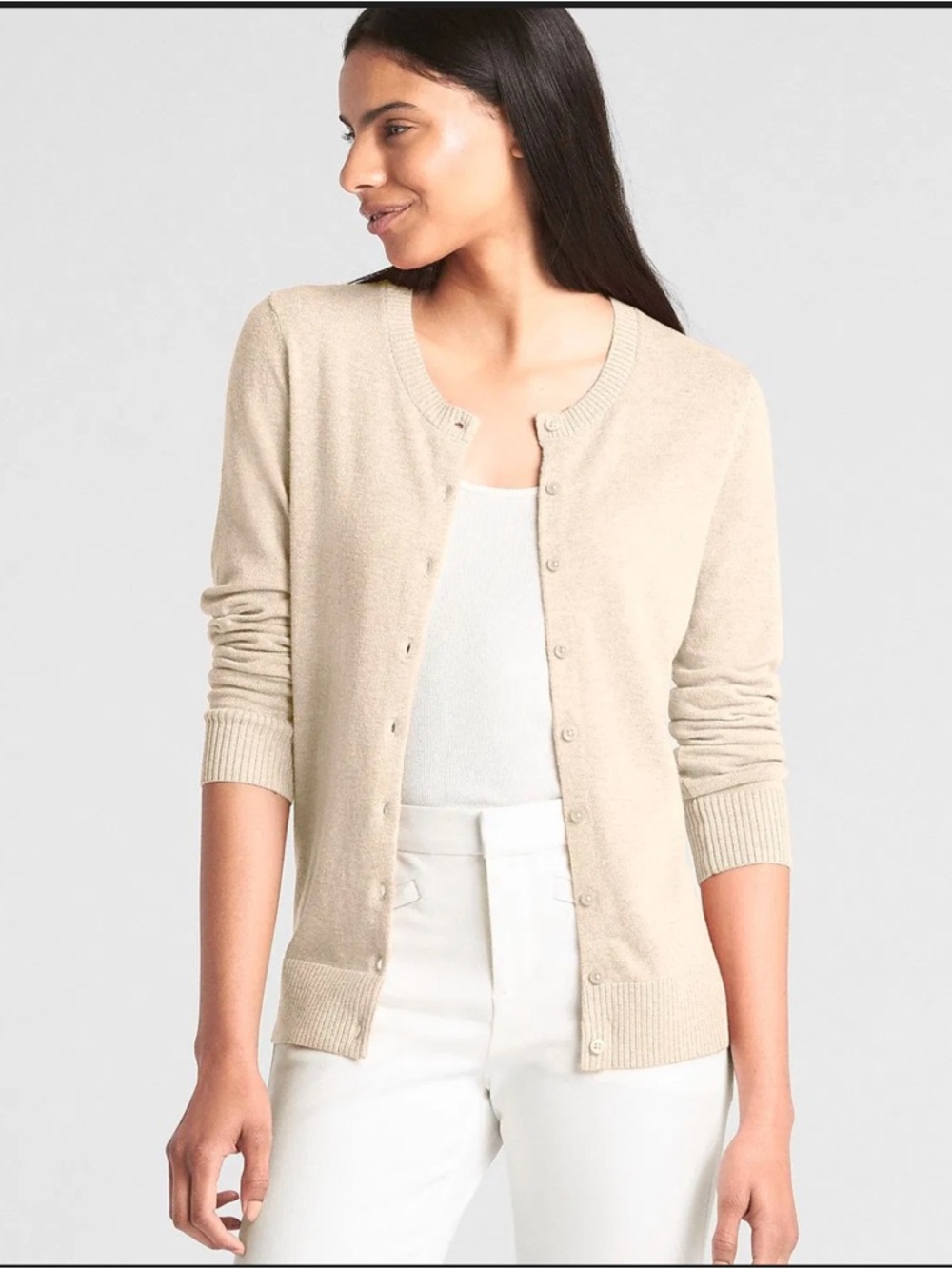 GAP Women's Crewneck Button Cardigan - Light Taupe